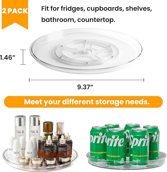 vacane 2 Pack Clear Lazy Susan Organizer Turntable for Cabinet Pantry Non-Skid Lazy Susan 9" Cabinet Organizer for Kitchen, Refrigerator Countertop, Bathroom