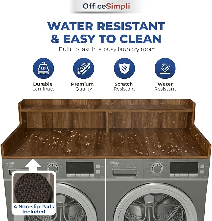 OfficeSimpli Washer Dryer Countertop with Shelf - 27.5 x 54 Inch - Made in USA Laundry Countertop Over Washer and Dryer with Non-Slip Pads, Storage Shelf, Laundry Topper Organizer, California Walnut