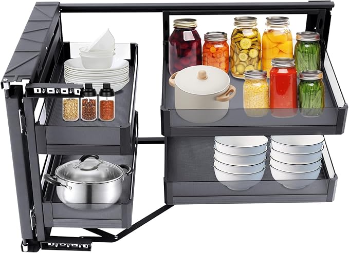 Blind Corner Cabinet Pull Out Organizer, 14 Inch 2 Tiers Pull Out Shelf with 4 Tempered Glass Baskets, 33 lbs Capacity per Basket, Adjustable Kitchen Storage for Corner Cabinet
