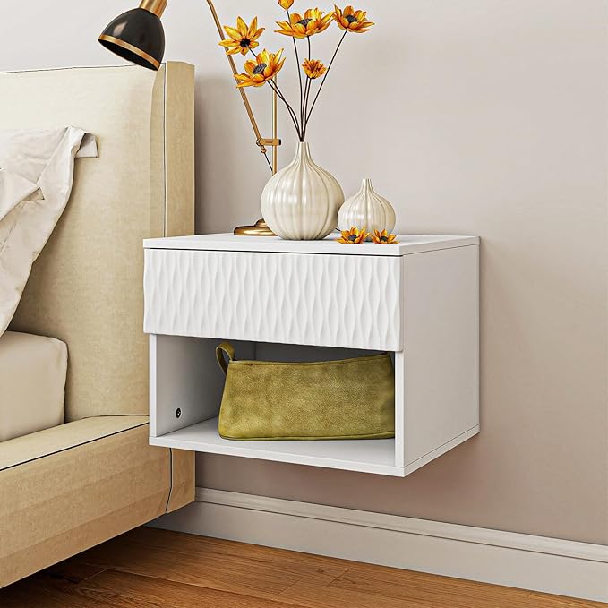 Floating Nightstand Set of 2,Modern Bedside Tables with for Bedroom,Small Night Stands with Drawer and Open Shelf, Wall Mounted End SideTables Set for Living Room