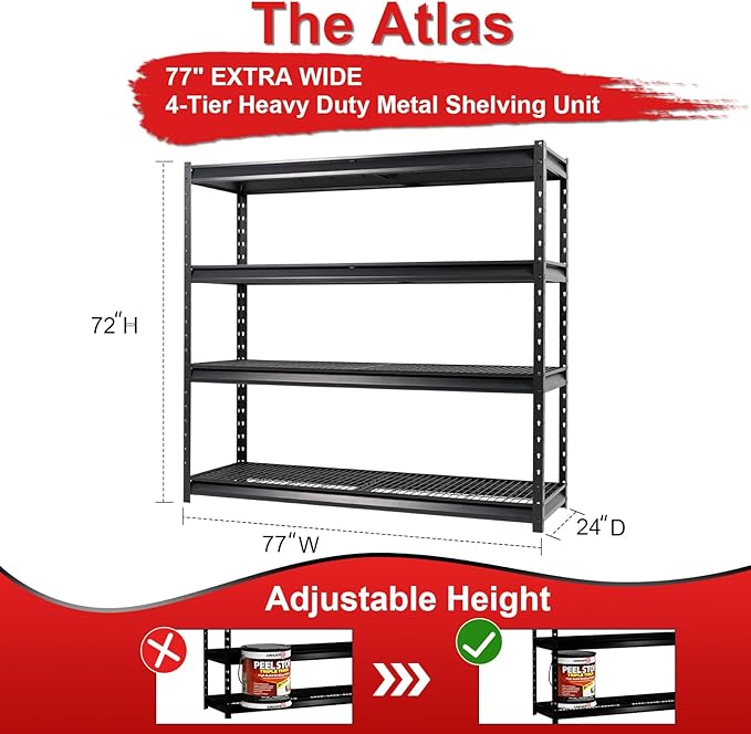 The Atlas 77” Ultra Wide 4-Tier Metal Garage Shelving 10,000 lbs Capacity, 77" W x 24" D x 72" H Heavy Duty Storage Rack, Adjustable Industrial Shelves for Shop Warehouse Basement Pantry