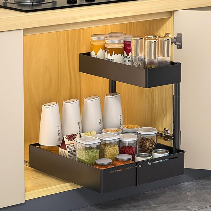 Under Sink Organiser,2 Tier Pull Out Cabinet Organiser,Height Adjustable Out Cabinet Drawer,Multi-Purpose Slide Out Storage Shelves for Home,Kitchen,Bathroom (White) (Black)