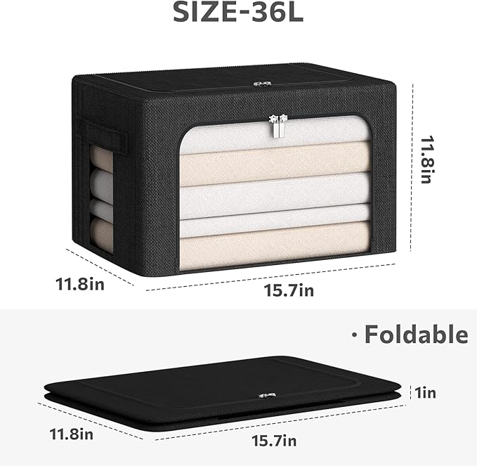 CYhom 3Pack Foldable Storage Bins - Frame Storage Box Linen Fabric Stackable Clothes Container Organizer with Clear Window & Carry Handles Large Capacity (Medium-36L, Black)