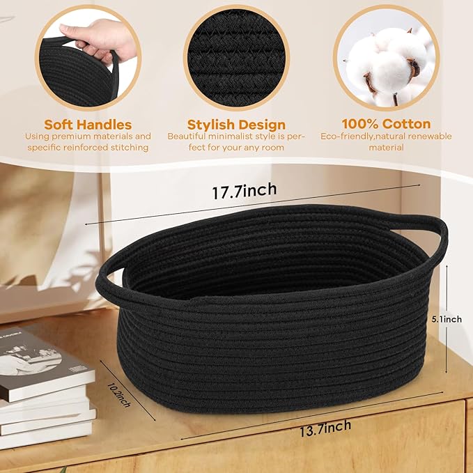 Small Woven Cotton Rope Basket Cute Baby Gift Baskets Empty 13.7"x10"x5" Decorative Storage for Organizing Shelves Closet Baby Nursery Basket Bin Toy Storage tote Organizer Black