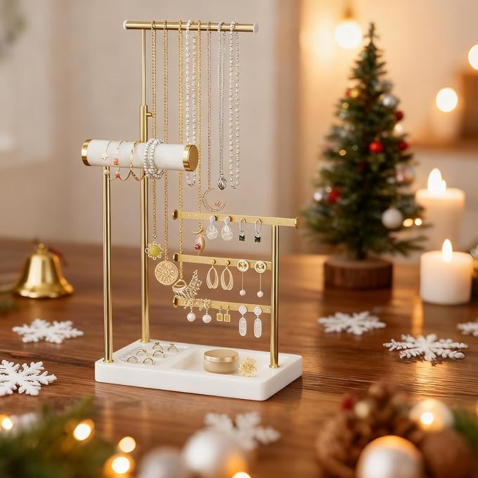 SZQINJI 5 Tier Jewelry Holder Organizer, Gold Jewelry Stand with Velvet Bracelet Holder, Adjustable Height Jewelry Display for Necklaces, Bracelets, Earrings, Rings, Gift Idea for Women, White