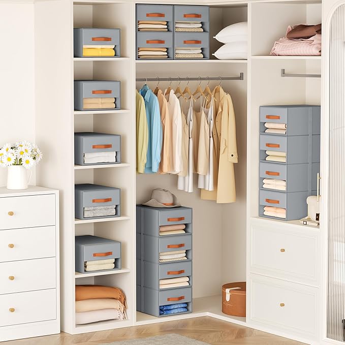 DIMJ Closet Organizers and Storage - Fabric Bins with Drawers for Closet Clothes Organizers with Clear Window, Stackable Storage Drawers Units for Bedroom, Living Room, 4 Pack, Grey