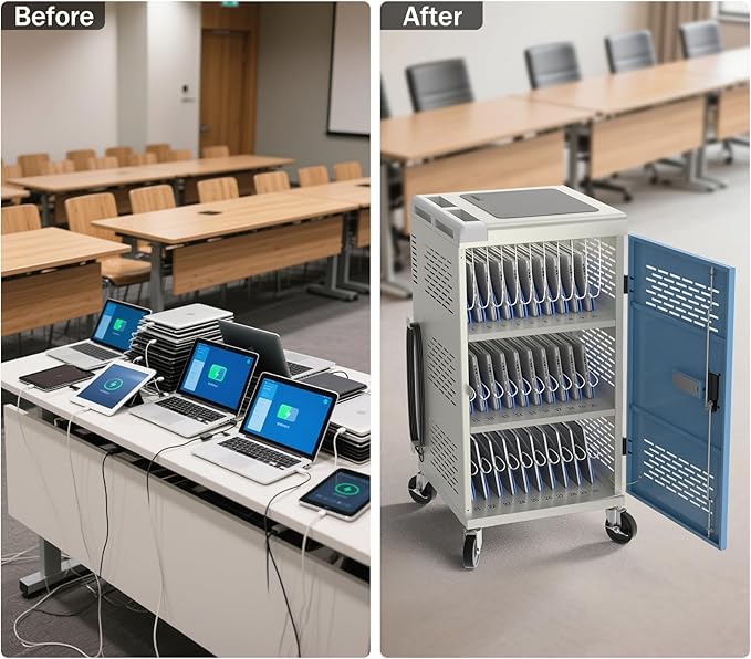 Fully Assembled 30 Unit Multi Device Charging Station for Chromebook, iPad, 14'' Laptop - Pre Built Computer Charging Cart with Charger Cable Management, Circuit Breaker, Grounding Protection (Gray)