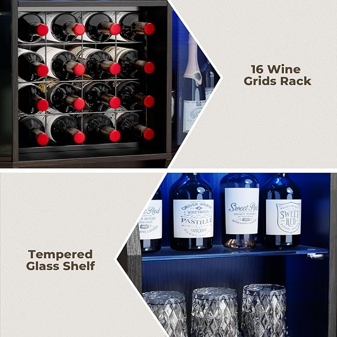 59.05" Wine Bar Cabinet W/ LED Lights & Tempered Glass Door, Home Bar Liquor Storage Cabinet With 16 Grid Wine Glass Rack & Adjustable Shelves,Coffee Cabinet with Drawer for Living Room, Dining Room