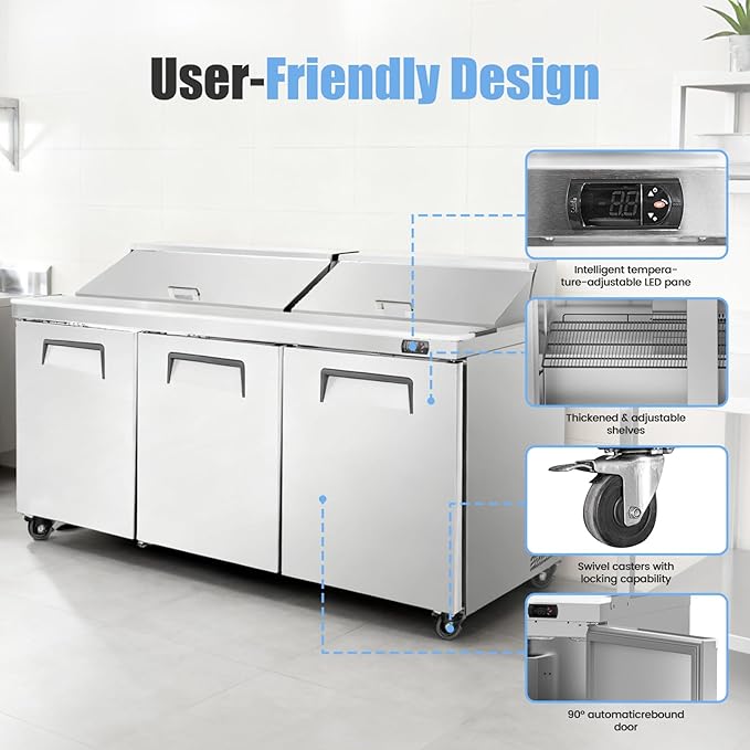 72" W Commercial Refrigerator Sandwich Salad Prep Table, Stainless Steel 3-Door Sandwich Prep Table Refrigerator, Counter Fan Cooling Refrigerator with 18 Pans for Restaurant, Bar