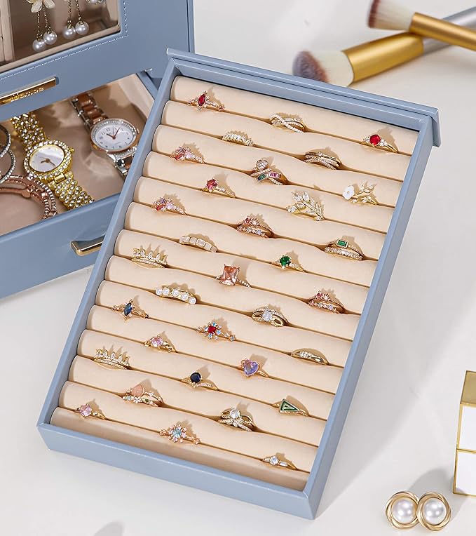 Homde Jewelry Organizer with Transparent Window Necklace Hooks Gift for Women Jewelry Box Display Case for Necklaces Rings Earrings Bracelets and Other Accessories (Grey Blue)