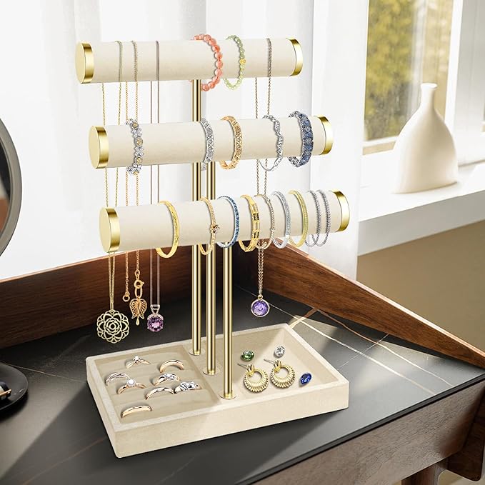 Flexzion 3 Tier Bracelet Holder Display Stand - Beige Velvet Bracelet Holder Organizer with Detachable T Bar - Jewelry Display Stand for Bracelets, Bangles, Necklace, Watches, Rings