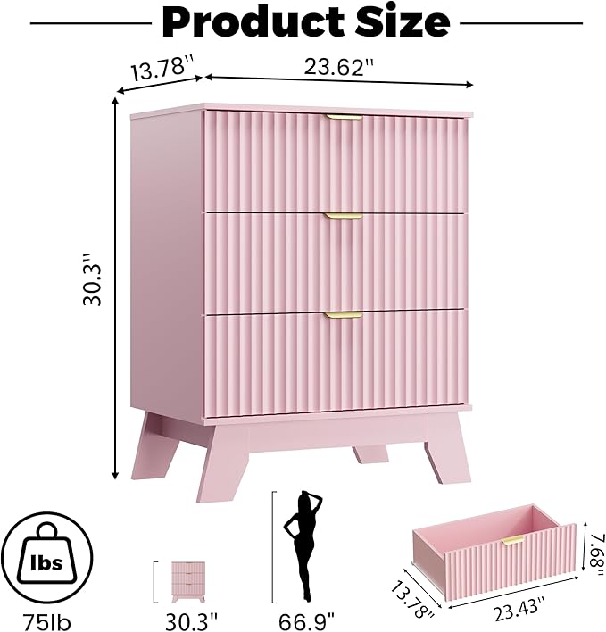 Pink Night Stand with 3 Drawers, Bedside Table & End Table, 24" Wide Mid Century Modern Fluted Wood Nightstand with Metal Handles, Farmhouse Night Stands for Bedroom