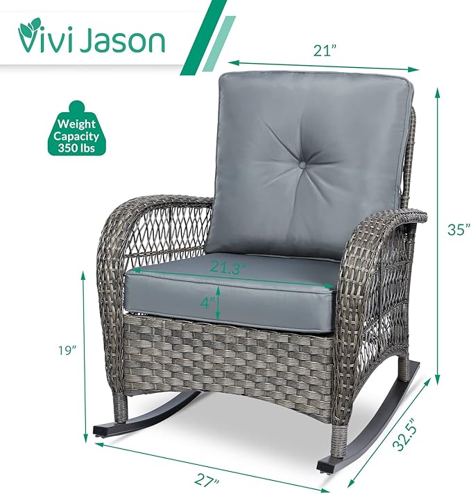 VIVIJASON Outdoor Wicker Rocking Chair, Patio Rattan Rocker Chair with Cushions & Steel Frame, All-Weather Rocking Lawn Wicker Furniture for Garden Backyard Porch (Grey)