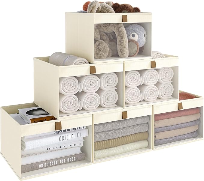 Linen Closet Organizers and Storage, Closet Storage Bins Basket Organizer, Foldable Organization Baskets with Mesh Window for Clothes Towels and Toys, 14.5" x 14.5" x 10.25", Beige, 6 pack