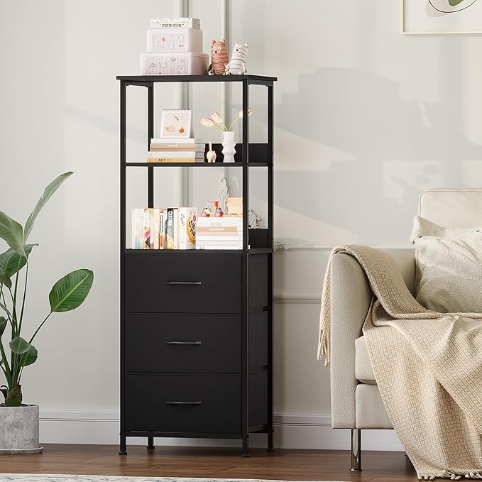 Somdot 3 Tier Bookshelf with Drawer, Tall Bookcase with Shelves, Bookshelf Desktop Organizer, Display Standing Shelf Units for Living Room, Bedroom, Study Room, Black
