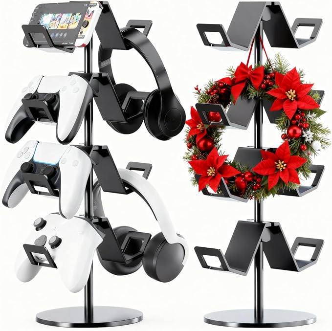 Controller Holder 4 Tier,Headphone Stand - Adjustable Headset Holder for Xbox PS5 PS4 Switch Pro - Gaming Storage for Universal Game Accessories,Desk/Floor(Black)