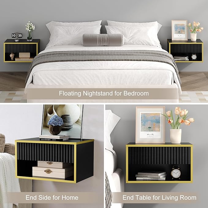 4ever2buy Floating Nightstand with Fluted Drawer, Modern Wall Mounted Nightstand with Open Shelf, Black and Gold Night Stand for Bedroom, Black