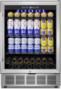 Beverage Refrigerator 24 inch-200 Can Drink Fridge with Glass Door, Under Counter/Freestanding Beverage Cooler with Temperature Memory, Reversible Door, Quick Cooling, Cooler for Beer, Soda, Wine