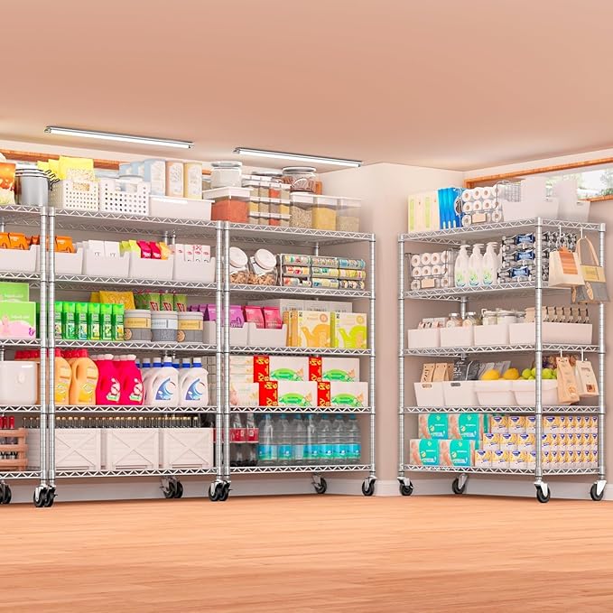 PrimeZone 5 Tier 48" Wx24''Dx81''H Wire Shelving with Wheels 3000lbs NSF Storage Shelves Heavy Duty Metal Shelf Adjustable Rolling Rack Commercial Garage Restaurant Warehouse Kitchen Chrome 6Pack