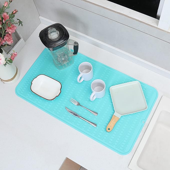 Silicone Dish Drying Mat for Multiple Usage,Easy clean,Eco-friendly,Heat-resistant Silicone Mat for Kitchen Counter or Sink,Refrigerator or Drawer Liner Mint 4XL 32 inches x 18 inches