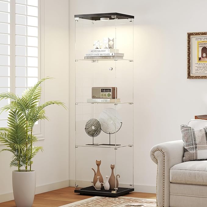 Tempered Glass Display Cabinet with Lights, 4-Tier Curio Cabinet with Glass Doors and Lock, Glass Display Case for Collectibles, for Living Room, Bedroom, Office, Black, Single Door
