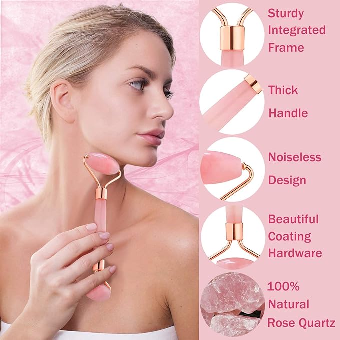 Jade Roller for Face - Rose Quartz Face Roller Skin Care - Stone Facial Roller, Face Massager for Women, Relieve Stress, Remove Wrinkles Eye Puffiness