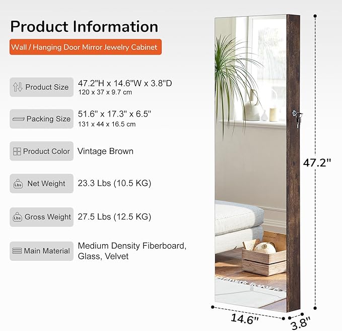 GISSAR Full Length Mirror Jewelry Cabinet, 6 LEDs Jewelry Armoire Wall Mounted Over The Door Hanging, Jewelry Organizer Storage with Lights Lockable, Vintage Brown, 14.6" x 47.2"