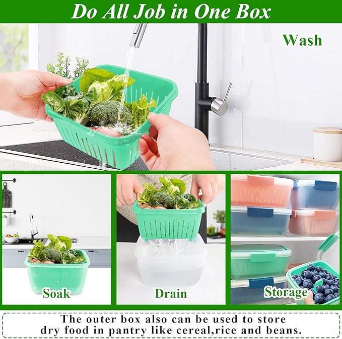 50oz Berry Keeper Fruit Storage Container for Fridge, Fresh Food Produce Saver Containers with Removable Drain Colander, Vegetable Lettuce Keeper Bowl, Refrigerator Organizer, PRESS TO OPEN CLOSE LID