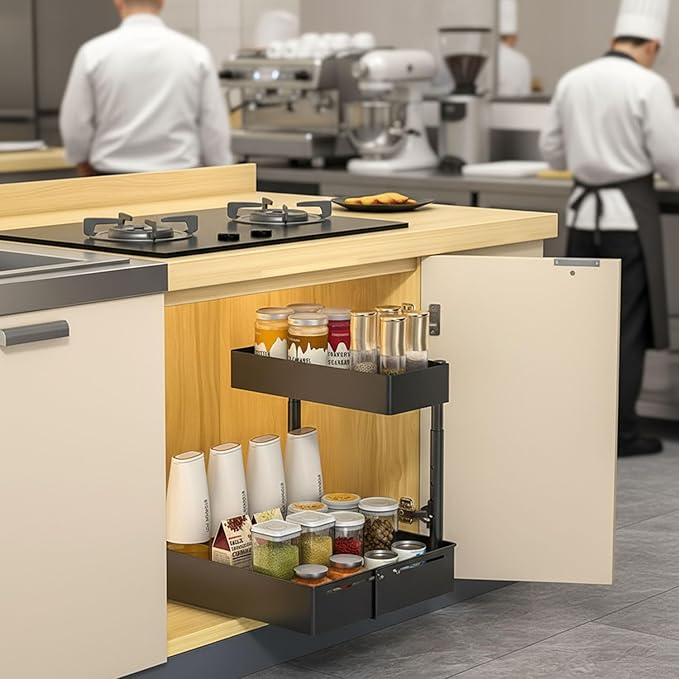 Under Sink Organiser,2 Tier Pull Out Cabinet Organiser,Height Adjustable Out Cabinet Drawer,Multi-Purpose Slide Out Storage Shelves for Home,Kitchen,Bathroom (White) (Black)