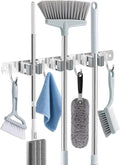 Broom Holder Wall Mount, Broom Organizer Wall Mount Stainless Steel Broom and Mop Hanger Heavy Duty Storage Organization for Home Kitchen Garden Garage Room 3 Racks 4 Hooks Grey