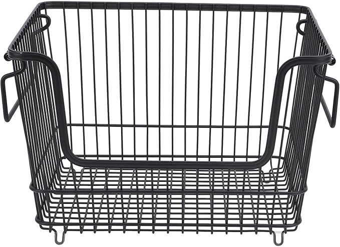 Freezer Organizer Bin, Stackable Wire Basket for Freezer, Heavy Duty Metal Storage Basket with Easy Access Front Opening, for Fruits Meat Vegetables in Kitchen Home Use, Bl