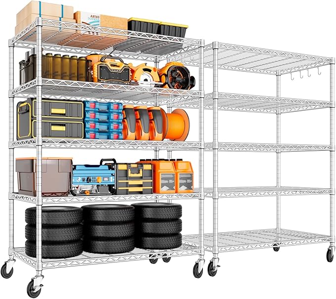 PrimeZone 5 Tier 48" Wx24''Dx81''H Wire Shelving with Wheels 3000lbs NSF Certified Storage Shelves Heavy Duty Metal Shelf Adjustable Rolling Rack Commercial Garage Restaurant Warehouse Chrome 2Pack