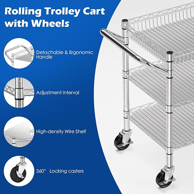 NTE Utility Cart with Wheels, 990lbs Capacity Metal 3 Tier Rolling Carts, NSF Kitchen Carts On Wheels with Storage, Heavy Duty Utility Cart with Handle & Wire Shelf for Indoor & Outdoor Use, Silver