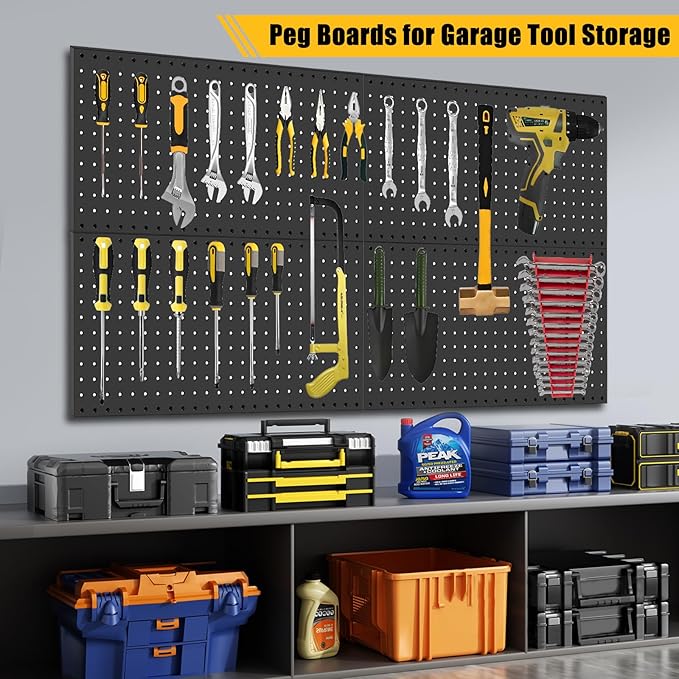 PBHEPJ 6 Pcs Metal Pegboard Panels, Heavy Duty Peg Boards for Garage and Garden Tool Storage, Includes Drywall Anchors and Screws Kits, Black