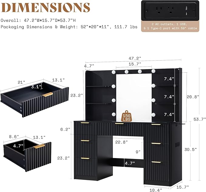 AMERLIFE 47.2" Fluted Vanity Desk with Mirror and Adjustable LED Lights, Large 7 Drawers Makeup Table with Glass Top and Charging Station for Women and Girls, Bedroom or Dorm, Black