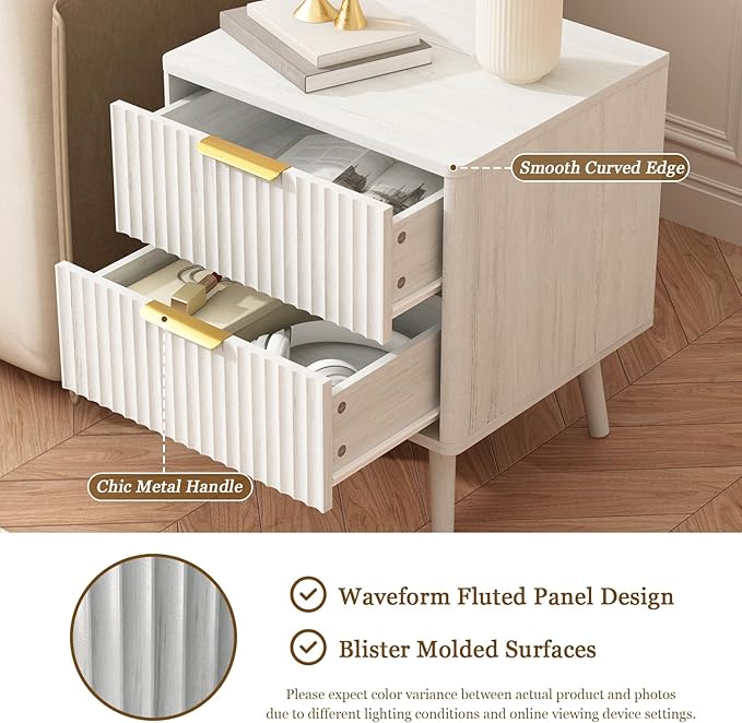 CARPETNAL Fluted Nightstand Set of 2, White Bedside Table with 2 Drawers and Gold Handles, Wood End Table Mid Century Night Stands for Bedroom Living Room