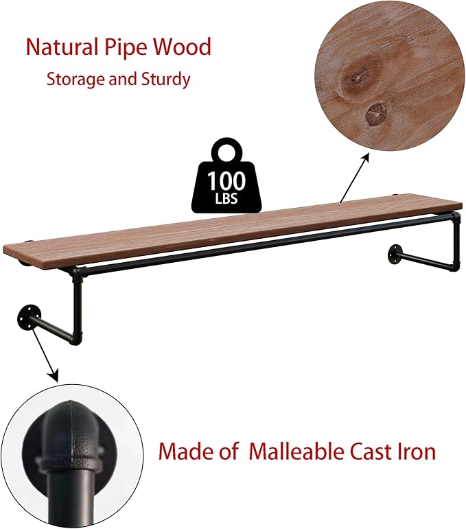 Clothes Rack 48in, Wall Mounted Garment Racks with Real Wood Shelf, Heavy Duty Hanging Clothes Rack, Multi-Purpose Hanging Rod, Space-Saving Closet Storage