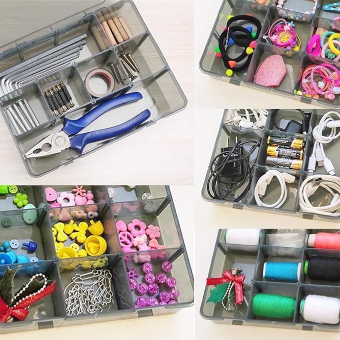 12 Girds Large Plastic Craft Storage Containers, Compartment Storage Container, Parts Storage Box with Adjustable Dividers for Sewing Arts, Washi Tape Batteries Electronics Parts and more