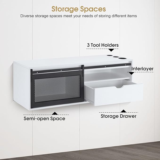 BarberPub Wall Mount Station with 3 Metal Tool Holders, Multi-Functional Storage Cabinet, Styling Station with Sliding Door, Open Storage Beauty Salon Organizer 2503 (White)