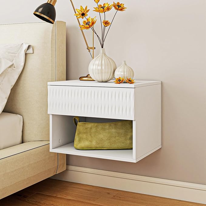 Floating Nightstand Set of 2,Modern Bedside Tables for Bedroom,Small Night Stands with Drawer and Open Shelf, Wall Mounted End SideTables Set for Living Room