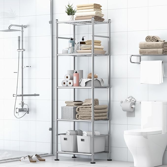 Storage Shelves - Set of 2, 5-Tier Metal Shelf Organizer, Space-Saving Garage Shelving with Leveling Feet, Standing Shelves Organizer for Kitchen, Laundry, Pantry (18.4"x12.6"x57.4", Silver)