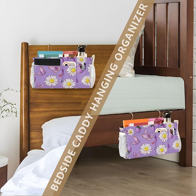 Purple Cute Daisy Butterflies Strawberry Bedside Caddy for Dorm Bed Bedside Hanging Caddy Bag Iron Frame Storage Organizer Pocket for Bunk Home College Hospital Beds 2 Hooks