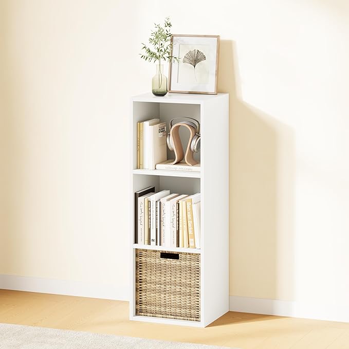 IOTXY DIY Modular Cube Bookcase - CubeXY Customizable Stackable Expandable Basic Shelving Units, 3-Cube Wooden Open Bookshelf for Fabric Storage Bin Organizer, White