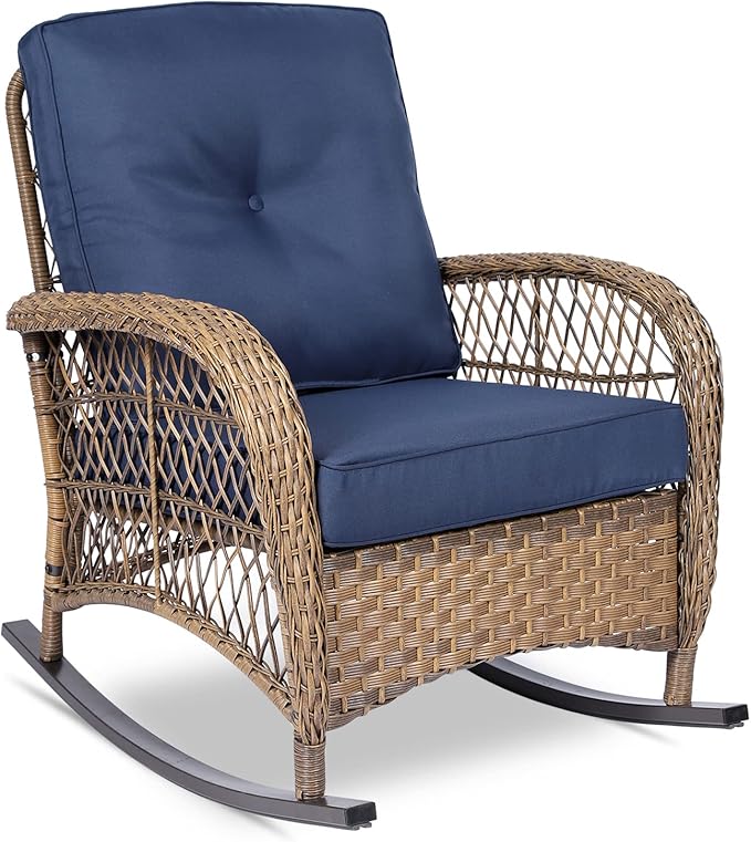 VIVIJASON Outdoor Wicker Rocking Chair, Patio Rattan Rocker Chair with Cushions & Steel Frame, All-Weather Rocking Lawn Wicker Furniture for Garden Backyard Porch (Navy Blue)