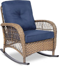 VIVIJASON Outdoor Wicker Rocking Chair, Patio Rattan Rocker Chair with Cushions & Steel Frame, All-Weather Rocking Lawn Wicker Furniture for Garden Backyard Porch (Navy Blue)