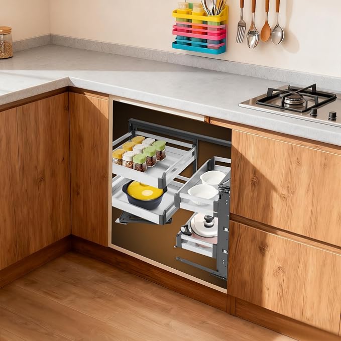 TFCFL Pull-Out Corner Organizer, Blind Corner Cabinet Organizer with 4 Pull-Out Baskets, Swivel Corner Cabinet, Stainless Steel Slide-Out Shelves for Corner Cabinet Space Optimization ﻿