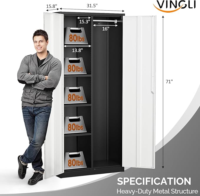 VINGLI Metal Storage Cabinet with Hanging Rod, 4 Adjustable Shelves, Lock Doors with Modern Gray Pattern Design, Armoire Wardrobe Closet Tool Functional Cabinet for Home, Office, Garage (Gray & Black)