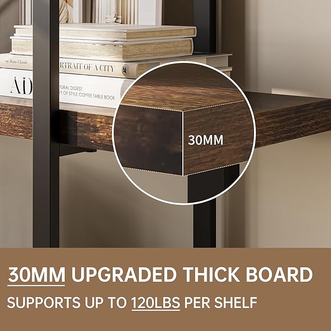 Heavy Duty 6-Tier Industrial Bookcase, 47" Wide Wood Bookshelf for Home Office, 120lbs Shelf Capacity, Rustic Open Shelving Display with Reinforced Horizontal Shelf for Living Room Bedroom