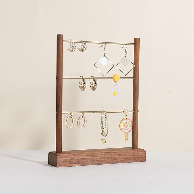 GemeShou Walnut earrings display stand for selling, wooden jewelry earring organizer shelf, wood earring storage organizer rack for boutique store【Earring shelf-Medium】