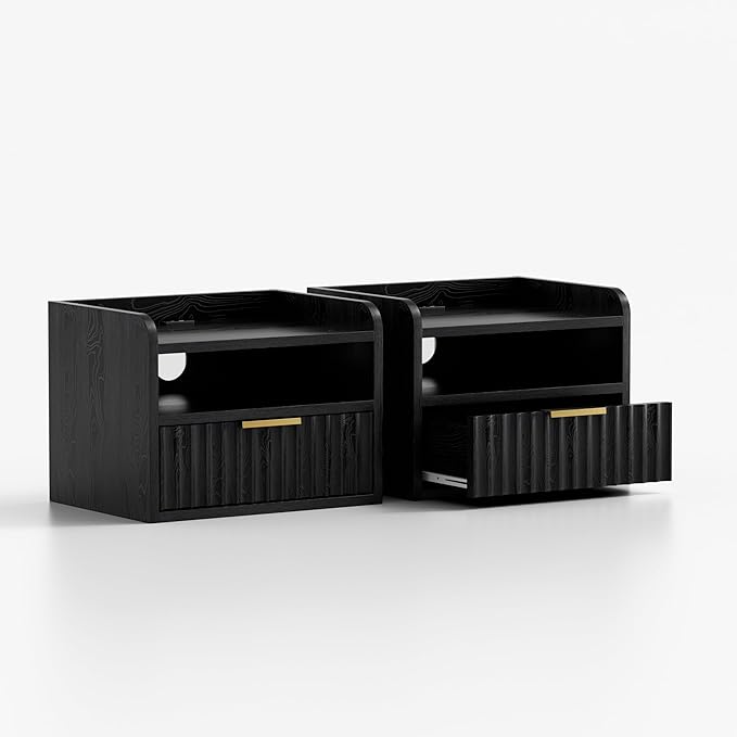 Fluted Floating Nightstands Set of 2 with Drawer, Modern Small Wall Mounted Storage Night Stand with Charging Station, Wood Bedside Table USB C & USB A Ports, Black